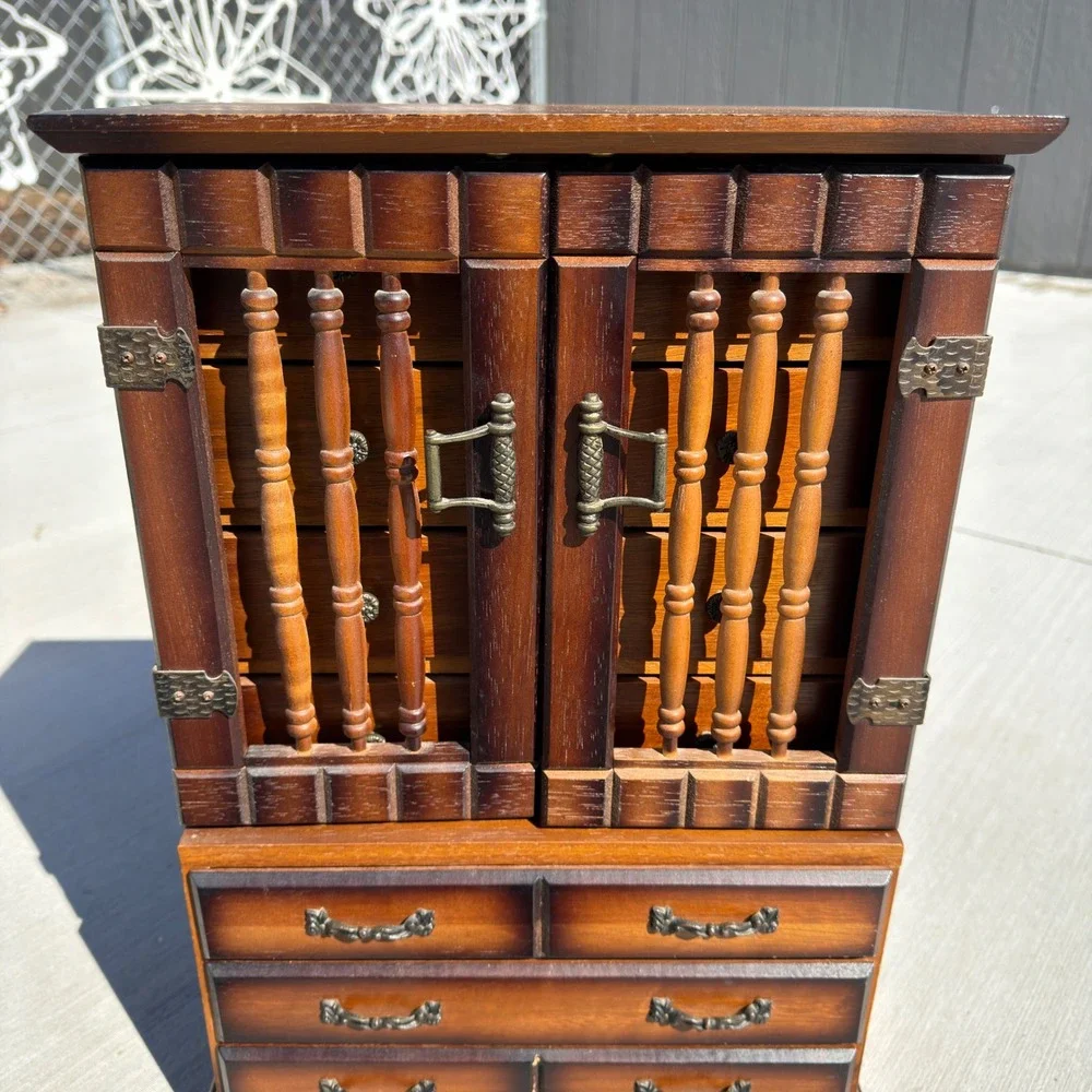 Vintage Made in Japan Wood Jewelry Armoire Spindle Door Tabletop Chest 11 Drawer